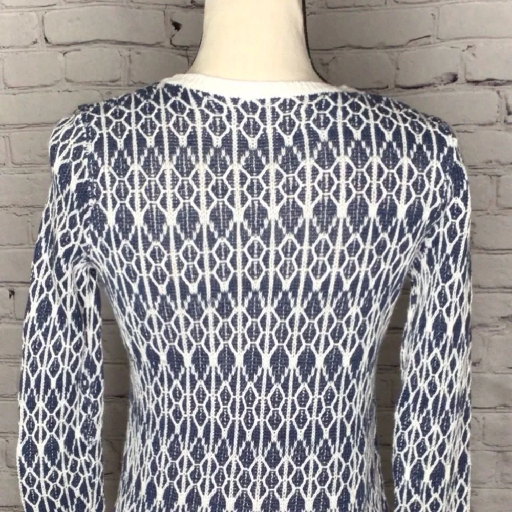 LOFT Blue and Ivory Linen Ikat Pullover Long Sleeve Sweater XSP